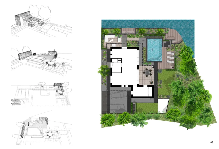 Tuinontwerp voor een tuin aan het water in Muiden: plattegrond en perspectieftekeningen